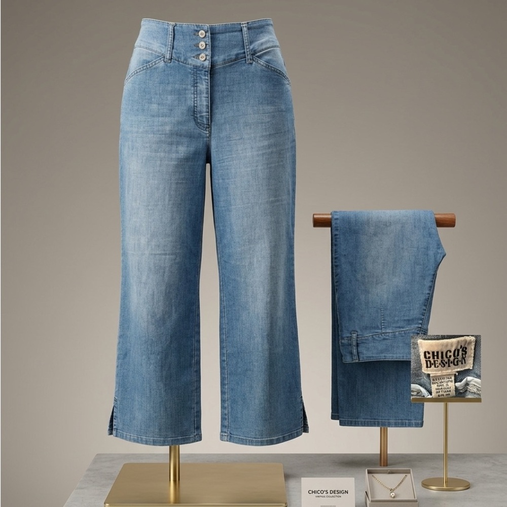 Chico's Design Light Blue Wide-Leg Cropped Jeans with Triple-Button Waist